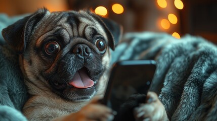 Adorable pug dog wrapped in blanket, reacting joyfully to the glow of a smartphone in cozy ambiance.