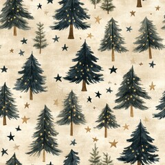 Obraz premium A whimsical pattern featuring various evergreen trees and stars on a neutral background, perfect for holiday-themed projects. Seamless pattern.
