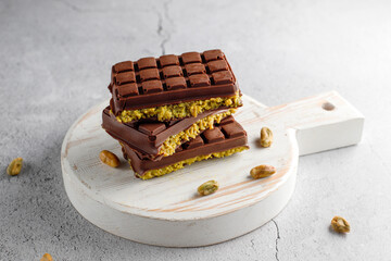 Homemade Dubai chocolate bar with pistachio paste and kadaifi dough.