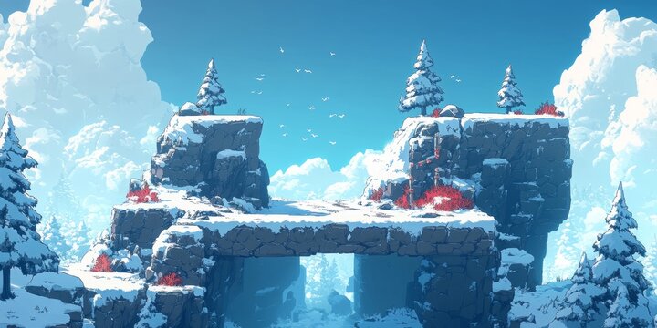 Snowy Mountain Adventure, 2D platformer level featuring flat rocky terrain, snow-capped platforms, dynamic boulders, engaging gameplay elements