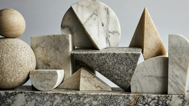 A collection of geometric marble sculptures are arranged in a contemporary still life on a gray background