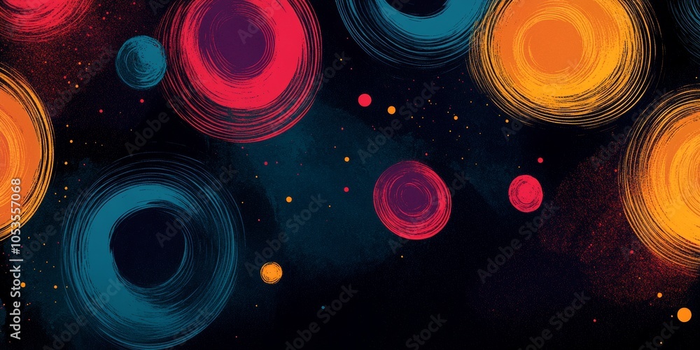 Poster Vibrant Abstract Circles, minimalistic design featuring hand-drawn thin circles on a noise background in deep colors, creating a unique visual impact.