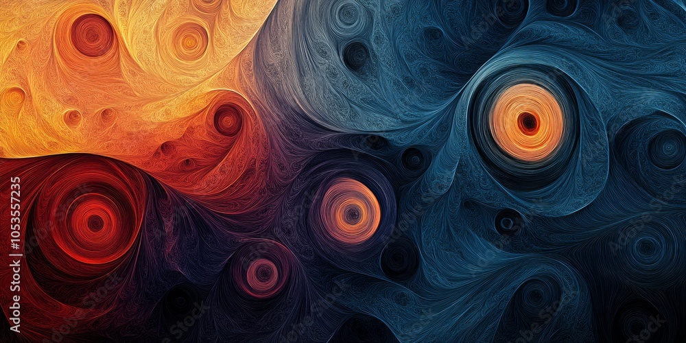 Poster intricate dark circles, deep abstract background featuring hand-drawn thin circles, evokes depth and