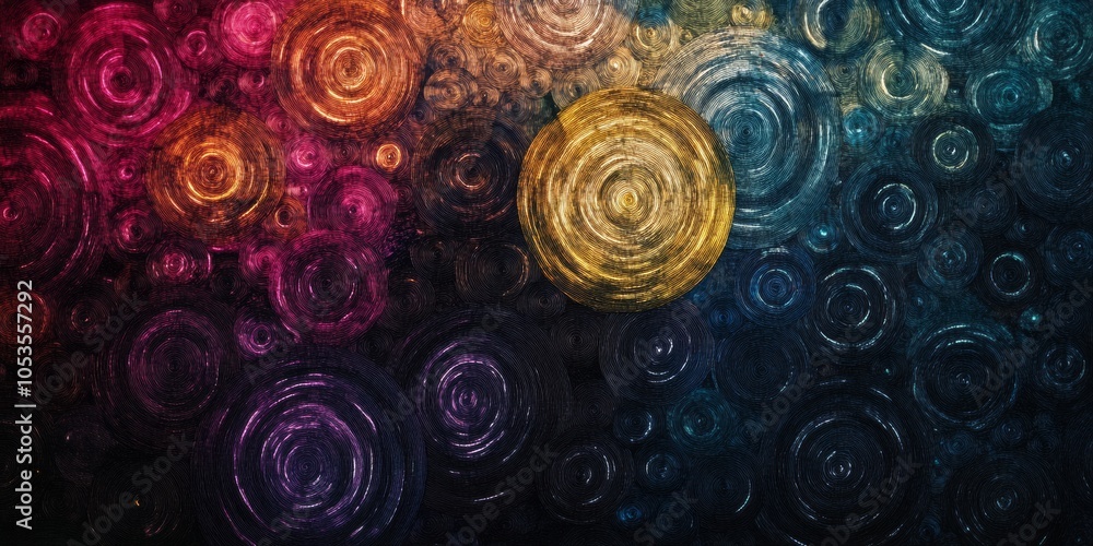 Poster intricate dark circles, deep abstract background with hand-drawn thin circles, evoking depth and com