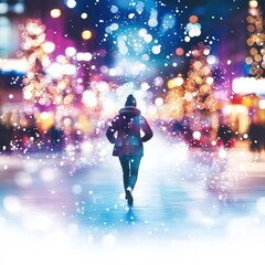 Obraz premium A Serene Winter Evening A Solitary Figure Amidst Festive Lights and Snowfall