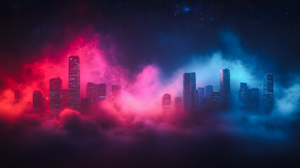 Fototapeta premium A city skyline is shown in a purple and red color scheme. The sky is filled with smoke and the buildings are lit up. Scene is mysterious and surreal