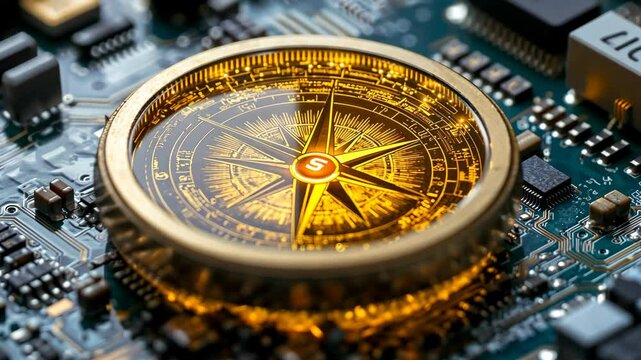 A golden compass sits on a circuit board, symbolizing the intersection of technology and direction