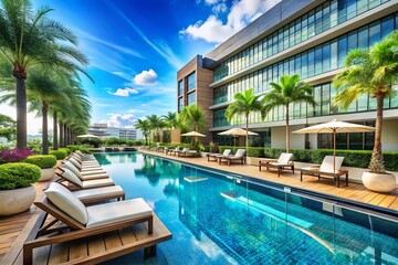 Fototapeta premium Luxury Hotel Pool with Ample Copy Space on the Left