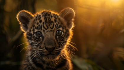 Naklejka premium Captivating image of a young jaguar cub in a lush jungle setting. Generative AI image