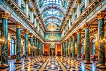 Obraz premium Majestic Banking Hall with Towering Columns & Marble Patterns