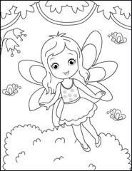 Fototapeta premium Cute cartoon fairy with flowers and butterflies Coloring page for kids