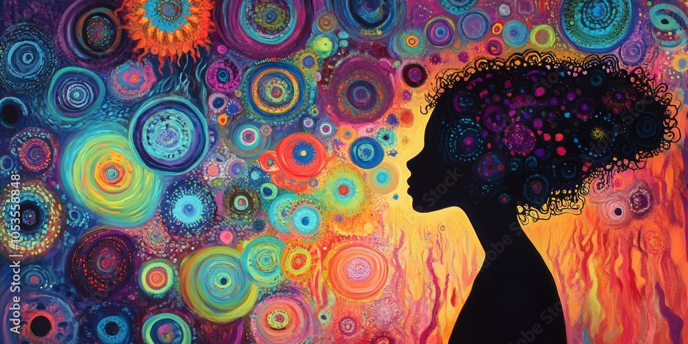 Poster vibrant psychedelic silhouette, a dynamic fusion of swirling colors and abstract shapes creating an 