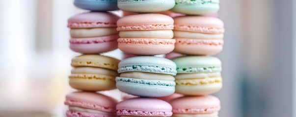 Fototapeta premium Close-up of a stacked assortment of pastel-colored French macarons, showcasing delicate textures and vibrant, elegant colors perfect for desserts.