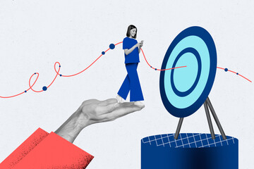 Creative collage image young woman walk smartphone device target achievement accomplishment goal...