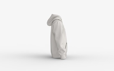 Minimalist white hoodie mockup for advertising branding and e-commerc. Unisex sweatshirtee blank canvas for customization logo or print. 3D rendering isolated image left view