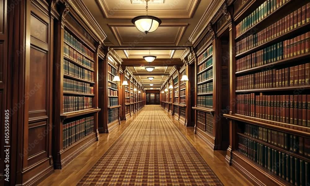 Poster a grand library corridor lined with bookshelves and elegant lighting.