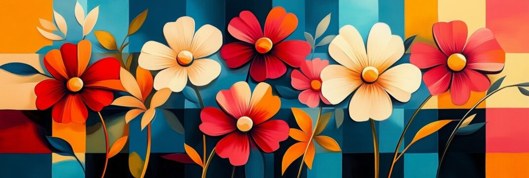 Vibrant retro floral artwork featuring an abstract design with a checkered background and geometric spring patterns