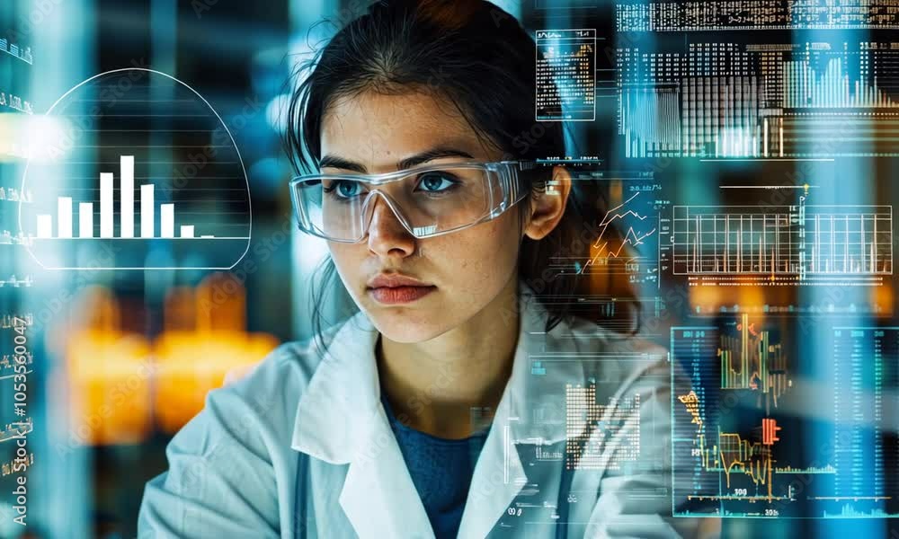 Poster A scientist in a lab coat conducts experiments with digital data overlays.