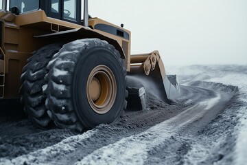 wheeled tractor with mounted bucket. Bulldozer on a construction site. Heavy construction equipment. Industrial machine