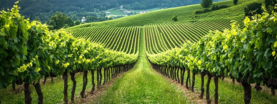 Vast Vineyard Landscape, expansive rows of lush grapevines extending towards a distant horizon under a clear blue sky