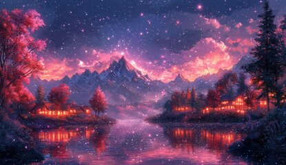 Fototapeta premium Beautiful sky with stars, featuring purple and pink colors in a watercolor style, with a cute