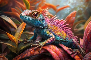 Colorful fantasy lizard, in the background of vibrant plants