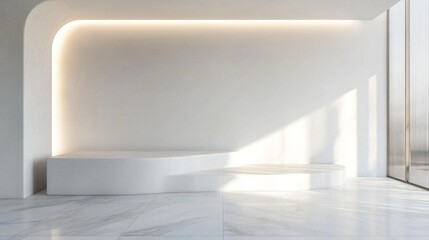 Minimalist white interior with curved walls, soft LED lighting, and marble flooring. Sunlight casts geometric shadows, creating a serene and modern ambiance.