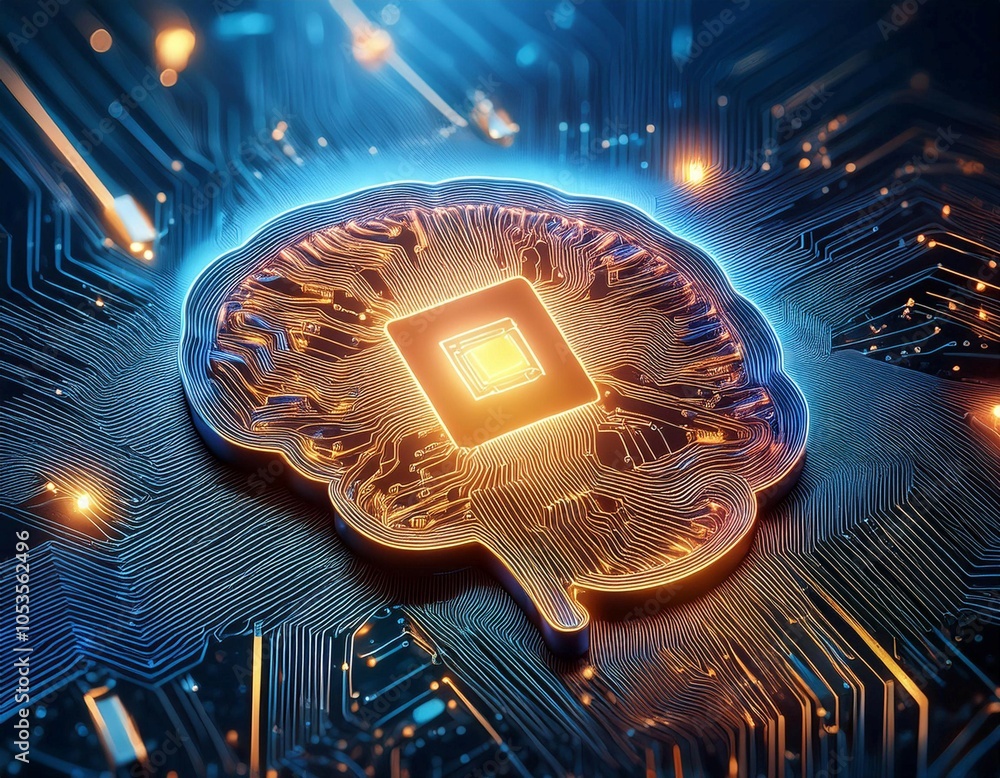 Poster intricate circuit board with illuminated brain symbol representing artificial intelligence technolog
