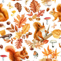 Fototapeta premium Watercolor autumn woodland animals seamless pattern with squirrels, oak leaves, acorns, mushrooms and bird. Fall foliage
