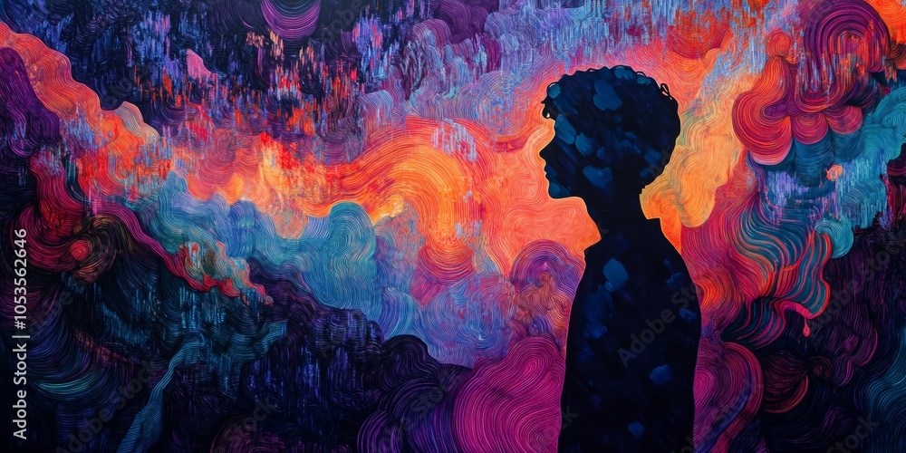 Poster psychedelic silhouette in vibrant abstract patterns, immersed in a dream-like realm of pulsating col