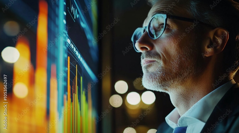 Poster focused businessman in glasses analyzes colorful data visualization on screen, illuminated by vibran