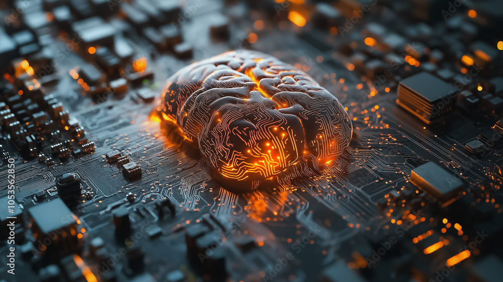 Poster a computer chip with a brain on it. the brain is glowing orange. concept of technology and the human