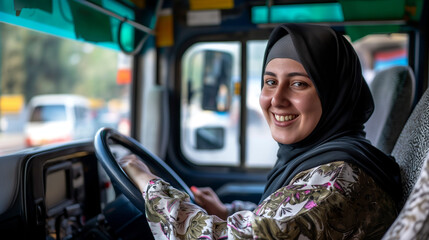 Female bus driver middle Eastern woman in hijab smiling while driving a bus.