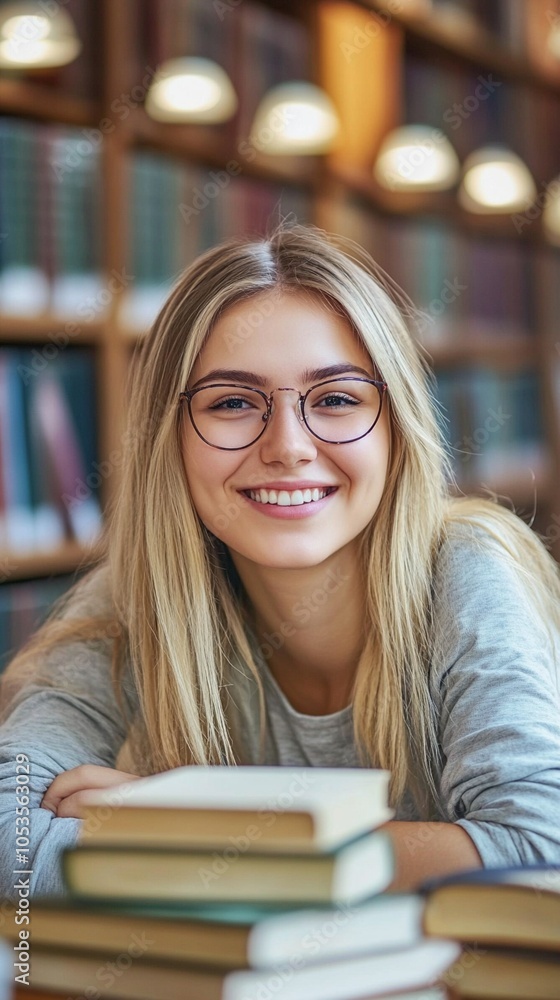 Poster smiling student with glasses in library, surrounded by bookshelves and warm lighting, exudes positiv