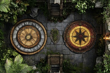Fototapeta premium Top-Down View of Two Compass-Like Symbols with Stone Wall and Greenery