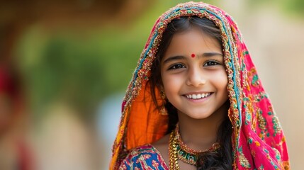 Young Indian girl with traditional attire and a playful smile.