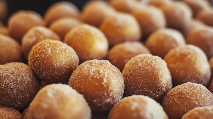 Golden doughnut holes coated in sugar, arranged in a delightful display.