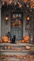 Obraz premium Cozy Autumn Cottage Entrance: Embrace the Warmth of Fall with Rustic Charm and Holiday Glow