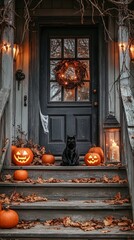 Obraz premium Cozy Autumn Cottage Entrance: Embrace the Warmth of Fall with Rustic Charm and Holiday Glow