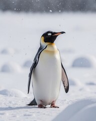 Obraz premium Majestic Emperor Penguin in Serene Winter Landscape Under Snowfall.