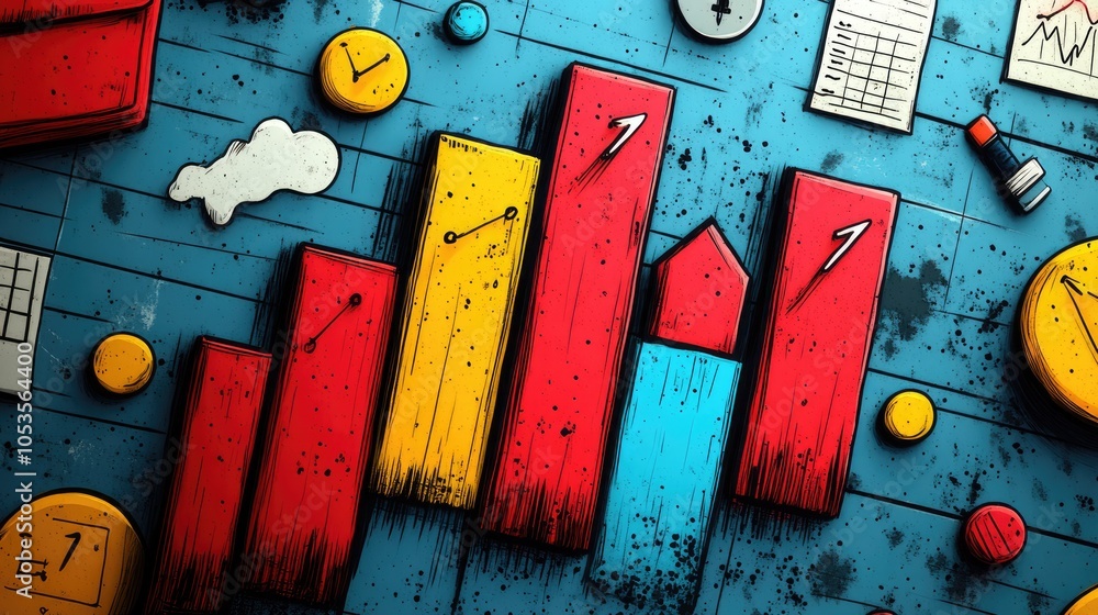Poster abstract illustration of a bar graph with various elements