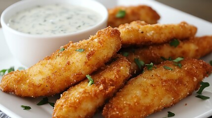 Crispy fried chicken strips served with a creamy dipping sauce.
