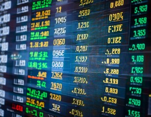 Currency exchange rates displayed on a screen, representing financial trading, global markets, and economic exchange.