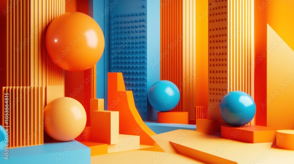 Poster a vibrant 3d abstract scene with colorful geometric shapes and structures.