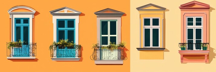 Fototapeta premium Colorful windows with balconies against vibrant wall backgrounds.
