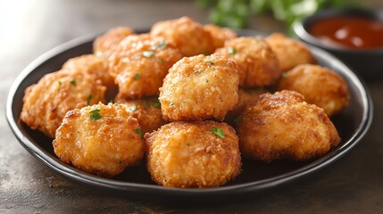 Crispy golden fried nuggets on a black plate with dipping sauce, perfect for snacks or appetizers.