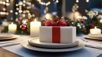 Gift box with red ribbon on festive table setting, surrounded by candles and lights, AI