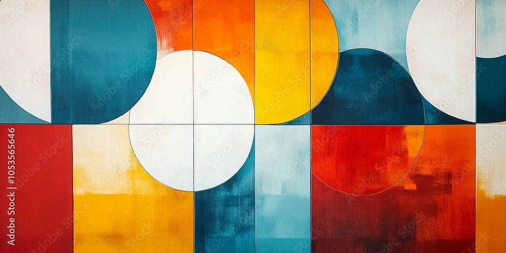 Poster geometric harmony, a vibrant poster featuring overlapping squares and circles in bold contrasting co