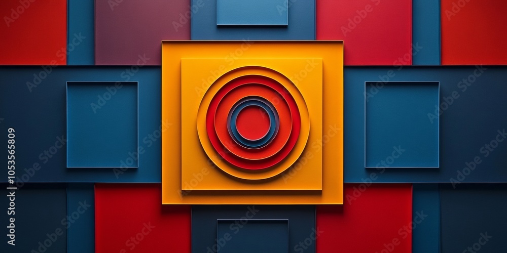 Poster geometric harmony, a vibrant poster featuring overlapping squares and circles in contrasting colors,