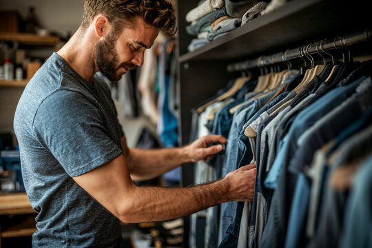Young man choosing clothes in closet during daytime. Generative AI